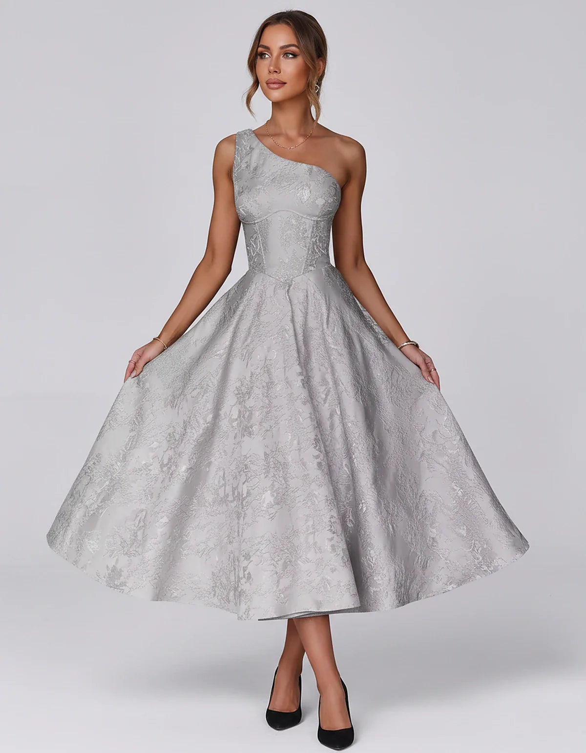 Jacquard Sleeveless One Shoulder A-Line Midi Dress for Party, Cocktail, Evening, Wedding Guest, Summer Formal Events and Cele | SKU: VD-847392615028471-SILVER-L,VD-847392615028471-SILVER-M,VD-847392615028471-SILVER-S,VD-847392615028471-SILVER-XL,VD-847392615028471-SILVER-XS