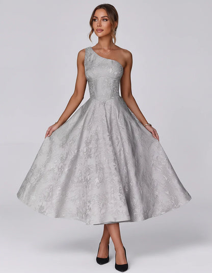 Jacquard Sleeveless One Shoulder A-Line Midi Dress for Party, Cocktail, Evening, Wedding Guest, Summer Formal Events and Cele | SKU: VD-847392615028471-SILVER-L,VD-847392615028471-SILVER-M,VD-847392615028471-SILVER-S,VD-847392615028471-SILVER-XL,VD-847392615028471-SILVER-XS