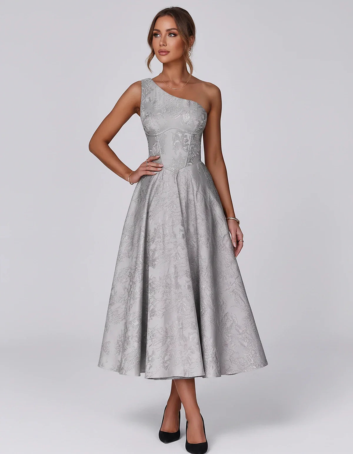 Jacquard Sleeveless One Shoulder A-Line Midi Dress for Party, Cocktail, Evening, Wedding Guest, Summer Formal Events and Cele | SKU: VD-847392615028471-SILVER-L,VD-847392615028471-SILVER-M,VD-847392615028471-SILVER-S,VD-847392615028471-SILVER-XL,VD-847392615028471-SILVER-XS