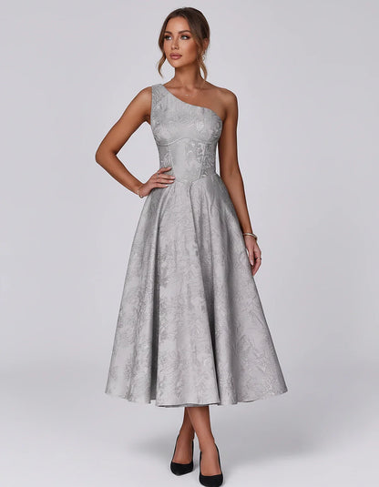 Jacquard Sleeveless One Shoulder A-Line Midi Dress for Party, Cocktail, Evening, Wedding Guest, Summer Formal Events and Cele | SKU: VD-847392615028471-SILVER-L,VD-847392615028471-SILVER-M,VD-847392615028471-SILVER-S,VD-847392615028471-SILVER-XL,VD-847392615028471-SILVER-XS