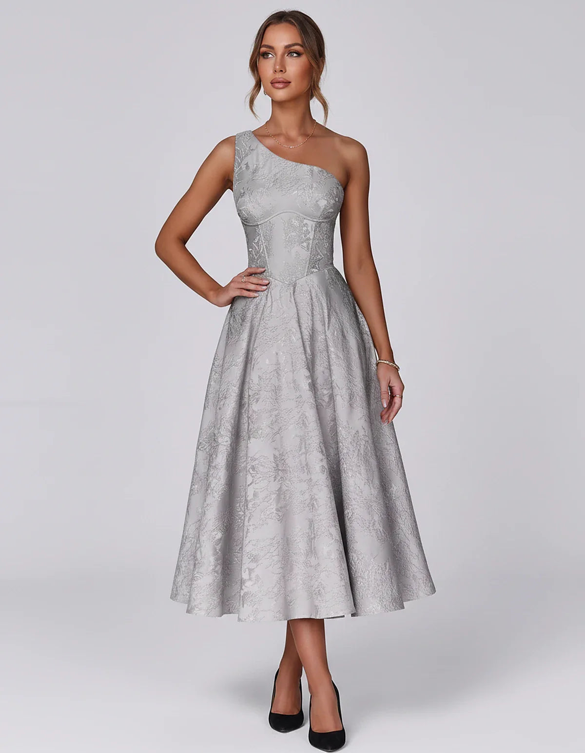 Jacquard Sleeveless One Shoulder A-Line Midi Dress for Party, Cocktail, Evening, Wedding Guest, Summer Formal Events and Cele | SKU: VD-847392615028471-SILVER-L,VD-847392615028471-SILVER-M,VD-847392615028471-SILVER-S,VD-847392615028471-SILVER-XL,VD-847392615028471-SILVER-XS