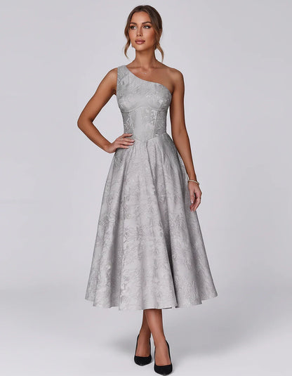 Jacquard Sleeveless One Shoulder A-Line Midi Dress for Party, Cocktail, Evening, Wedding Guest, Summer Formal Events and Cele | SKU: VD-847392615028471-SILVER-L,VD-847392615028471-SILVER-M,VD-847392615028471-SILVER-S,VD-847392615028471-SILVER-XL,VD-847392615028471-SILVER-XS