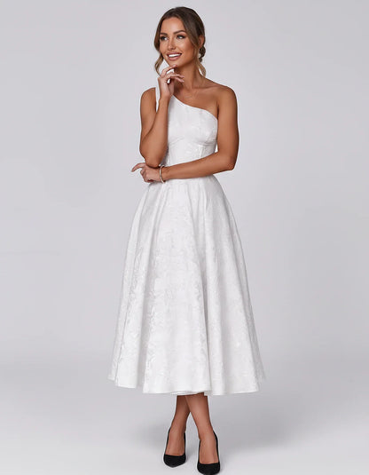 Jacquard Sleeveless One Shoulder A-Line Midi Dress for Party, Cocktail, Evening, Wedding Guest, Summer Formal Events and Cele | SKU: VD-847392615028471-WHITE-L,VD-847392615028471-WHITE-M,VD-847392615028471-WHITE-S,VD-847392615028471-WHITE-XL,VD-847392615028471-WHITE-XS