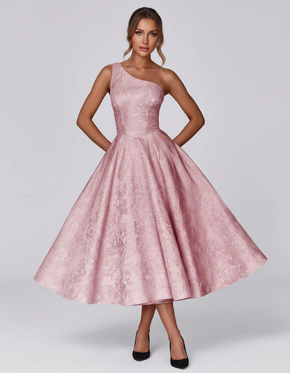 Jacquard Sleeveless One Shoulder A-Line Midi Dress for Party, Cocktail, Evening, Wedding Guest, Summer Formal Events and Cele | SKU: VD-847392615028471-BLUSH-L,VD-847392615028471-BLUSH-M,VD-847392615028471-BLUSH-S,VD-847392615028471-BLUSH-XL,VD-847392615028471-BLUSH-XS