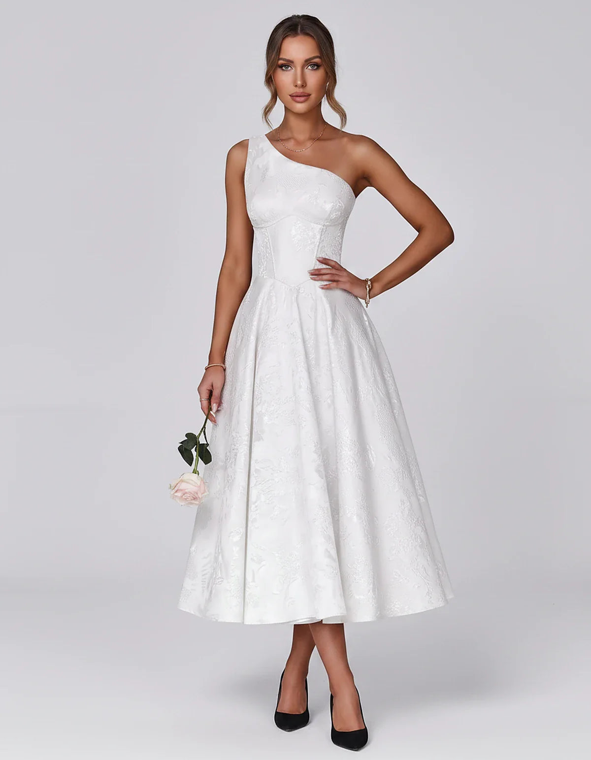Jacquard Sleeveless One Shoulder A-Line Midi Dress for Party, Cocktail, Evening, Wedding Guest, Summer Formal Events and Cele | SKU: VD-847392615028471-WHITE-L,VD-847392615028471-WHITE-M,VD-847392615028471-WHITE-S,VD-847392615028471-WHITE-XL,VD-847392615028471-WHITE-XS