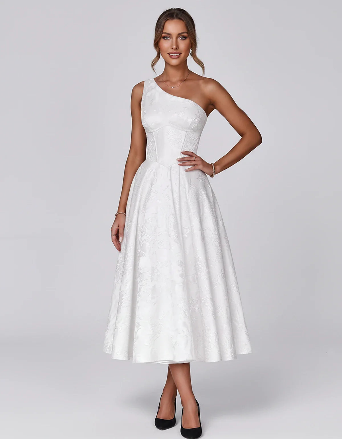 Jacquard Sleeveless One Shoulder A-Line Midi Dress for Party, Cocktail, Evening, Wedding Guest, Summer Formal Events and Cele | SKU: VD-847392615028471-WHITE-L,VD-847392615028471-WHITE-M,VD-847392615028471-WHITE-S,VD-847392615028471-WHITE-XL,VD-847392615028471-WHITE-XS