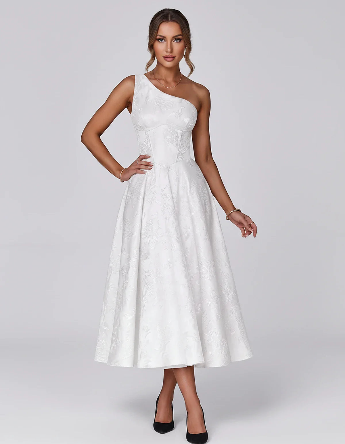Jacquard Sleeveless One Shoulder A-Line Midi Dress for Party, Cocktail, Evening, Wedding Guest, Summer Formal Events and Cele | SKU: VD-847392615028471-WHITE-L,VD-847392615028471-WHITE-M,VD-847392615028471-WHITE-S,VD-847392615028471-WHITE-XL,VD-847392615028471-WHITE-XS