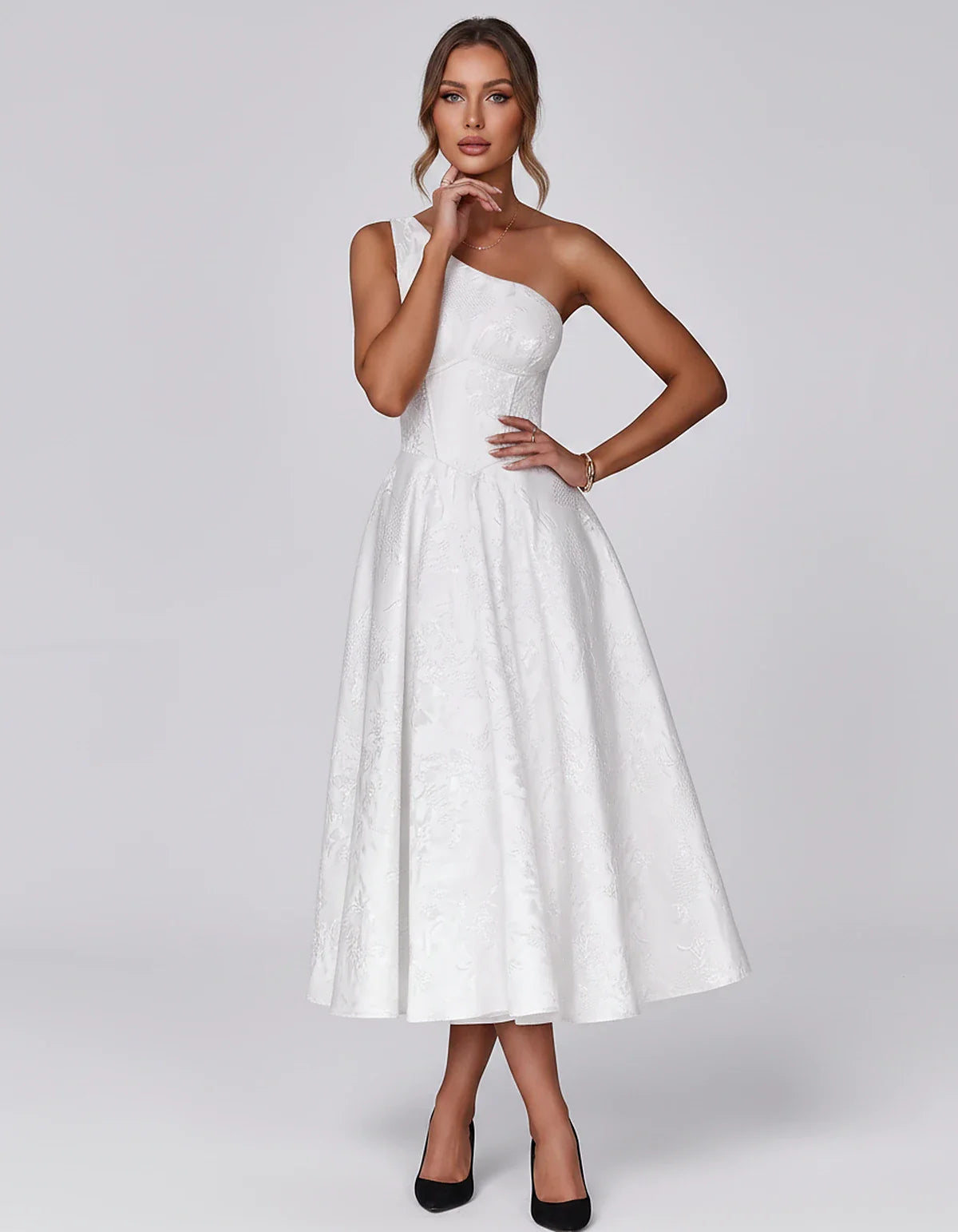 Jacquard Sleeveless One Shoulder A-Line Midi Dress for Party, Cocktail, Evening, Wedding Guest, Summer Formal Events and Cele | SKU: VD-847392615028471-WHITE-L,VD-847392615028471-WHITE-M,VD-847392615028471-WHITE-S,VD-847392615028471-WHITE-XL,VD-847392615028471-WHITE-XS