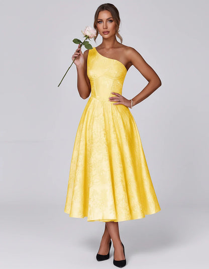 Jacquard Sleeveless One Shoulder A-Line Midi Dress for Party, Cocktail, Evening, Wedding Guest, Summer Formal Events and Cele | SKU: VD-847392615028471-YELLOW-L,VD-847392615028471-YELLOW-M,VD-847392615028471-YELLOW-S,VD-847392615028471-YELLOW-XL,VD-847392615028471-YELLOW-XS