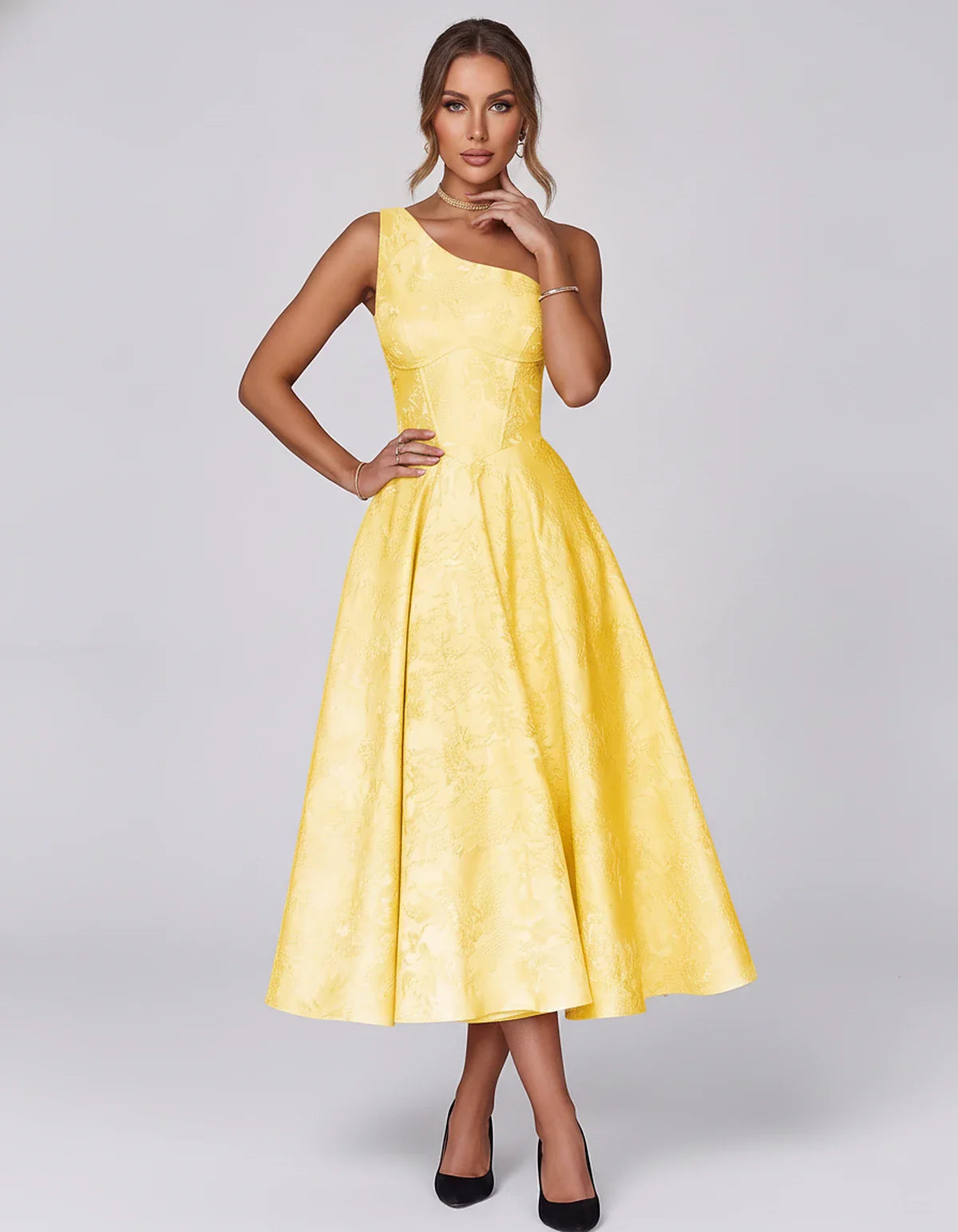 Jacquard Sleeveless One Shoulder A-Line Midi Dress for Party, Cocktail, Evening, Wedding Guest, Summer Formal Events and Cele | SKU: VD-847392615028471-YELLOW-L,VD-847392615028471-YELLOW-M,VD-847392615028471-YELLOW-S,VD-847392615028471-YELLOW-XL,VD-847392615028471-YELLOW-XS