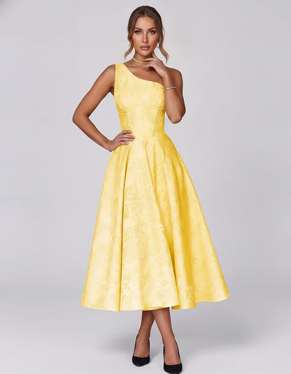 Jacquard Sleeveless One Shoulder A-Line Midi Dress for Party, Cocktail, Evening, Wedding Guest, Summer Formal Events and Cele | SKU: VD-847392615028471-YELLOW-L,VD-847392615028471-YELLOW-M,VD-847392615028471-YELLOW-S,VD-847392615028471-YELLOW-XL,VD-847392615028471-YELLOW-XS