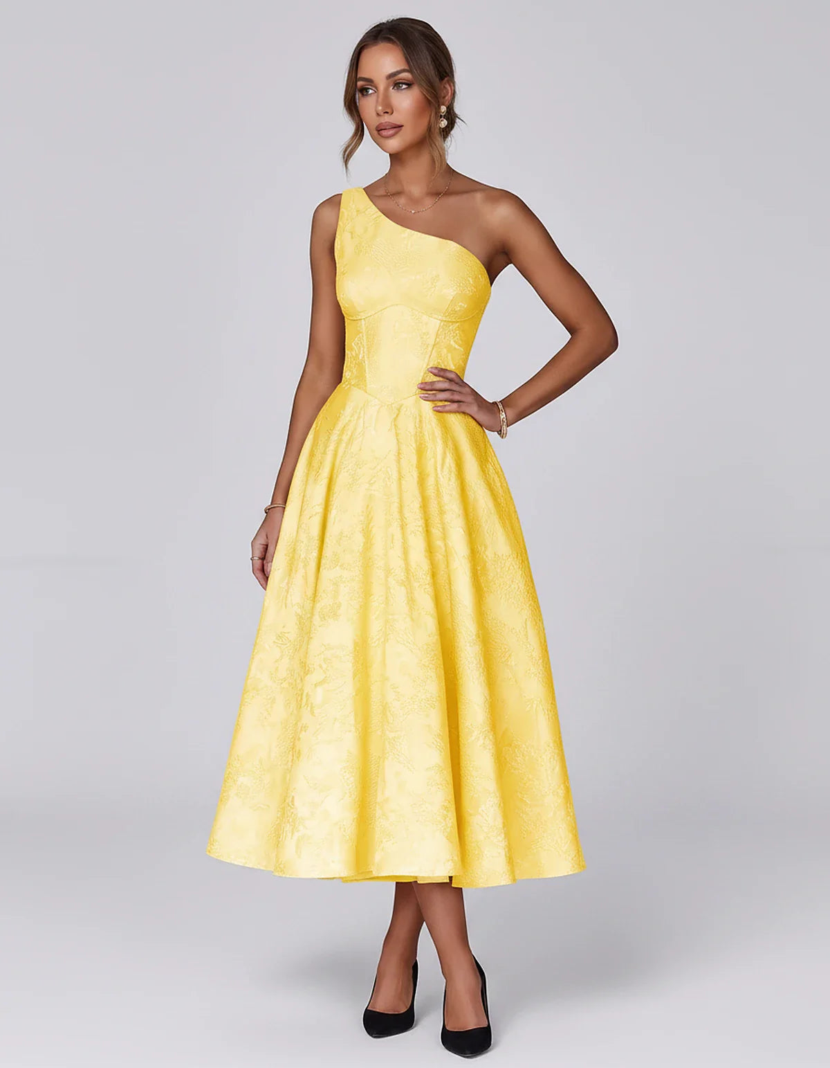 Jacquard Sleeveless One Shoulder A-Line Midi Dress for Party, Cocktail, Evening, Wedding Guest, Summer Formal Events and Cele | SKU: VD-847392615028471-YELLOW-L,VD-847392615028471-YELLOW-M,VD-847392615028471-YELLOW-S,VD-847392615028471-YELLOW-XL,VD-847392615028471-YELLOW-XS