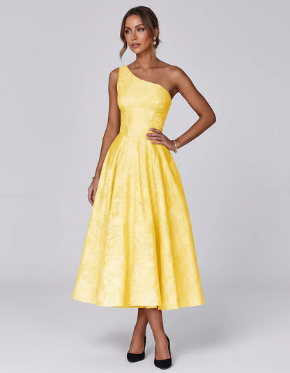 Jacquard Sleeveless One Shoulder A-Line Midi Dress for Party, Cocktail, Evening, Wedding Guest, Summer Formal Events and Cele | SKU: VD-847392615028471-YELLOW-L,VD-847392615028471-YELLOW-M,VD-847392615028471-YELLOW-S,VD-847392615028471-YELLOW-XL,VD-847392615028471-YELLOW-XS