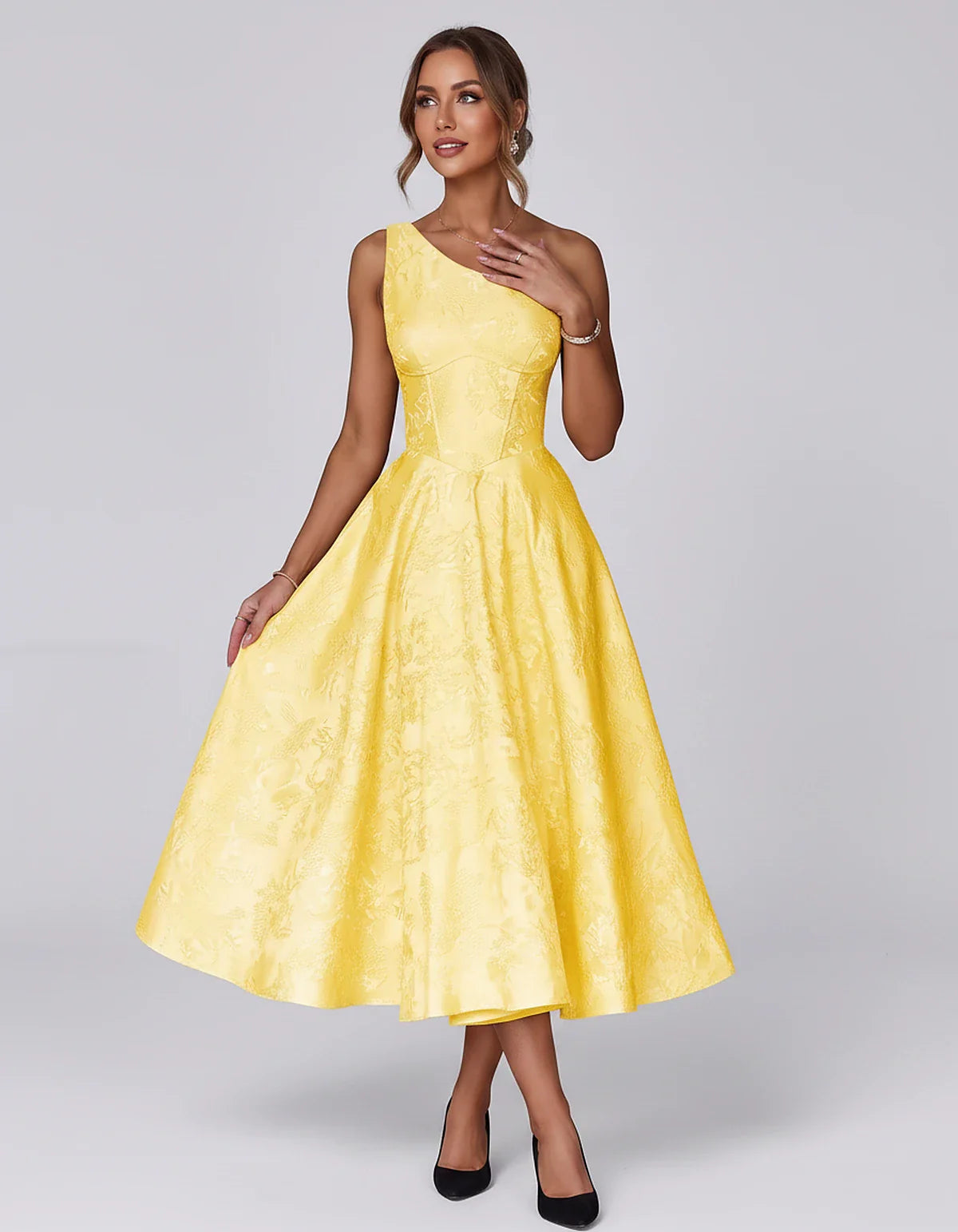 Jacquard Sleeveless One Shoulder A-Line Midi Dress for Party, Cocktail, Evening, Wedding Guest, Summer Formal Events and Cele | SKU: VD-847392615028471-YELLOW-L,VD-847392615028471-YELLOW-M,VD-847392615028471-YELLOW-S,VD-847392615028471-YELLOW-XL,VD-847392615028471-YELLOW-XS