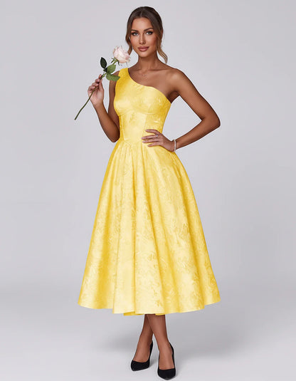 Jacquard Sleeveless One Shoulder A-Line Midi Dress for Party, Cocktail, Evening, Wedding Guest, Summer Formal Events and Cele | SKU: VD-847392615028471-YELLOW-L,VD-847392615028471-YELLOW-M,VD-847392615028471-YELLOW-S,VD-847392615028471-YELLOW-XL,VD-847392615028471-YELLOW-XS