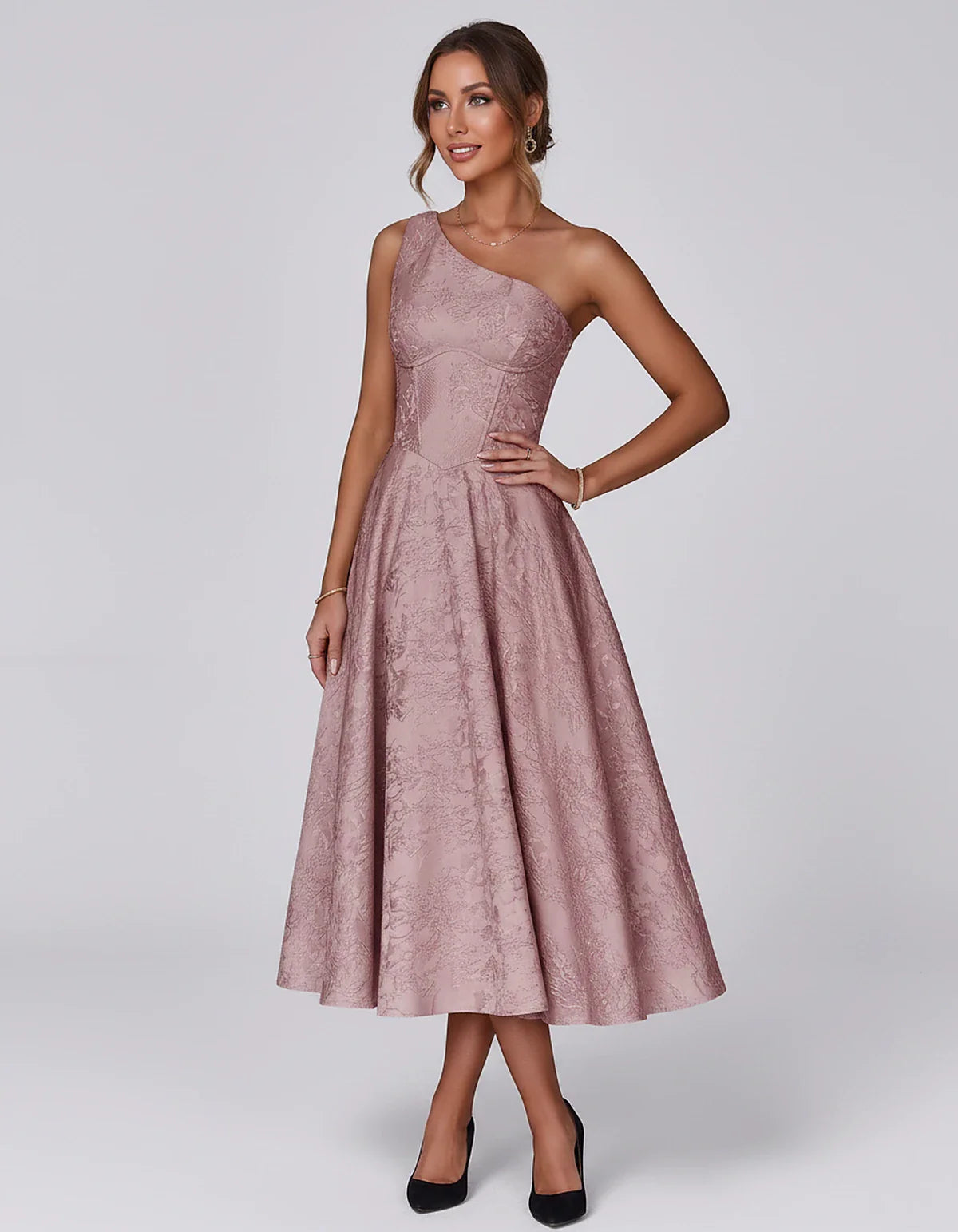 Jacquard Sleeveless One Shoulder A-Line Midi Dress for Party, Cocktail, Evening, Wedding Guest, Summer Formal Events and Cele | SKU: VD-847392615028471-DUSTYROSE-L,VD-847392615028471-DUSTYROSE-M,VD-847392615028471-DUSTYROSE-S,VD-847392615028471-DUSTYROSE-XL,VD-847392615028471-DUSTYROSE-XS