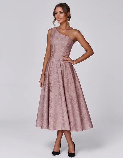 Jacquard Sleeveless One Shoulder A-Line Midi Dress for Party, Cocktail, Evening, Wedding Guest, Summer Formal Events and Cele | SKU: VD-847392615028471-DUSTYROSE-L,VD-847392615028471-DUSTYROSE-M,VD-847392615028471-DUSTYROSE-S,VD-847392615028471-DUSTYROSE-XL,VD-847392615028471-DUSTYROSE-XS