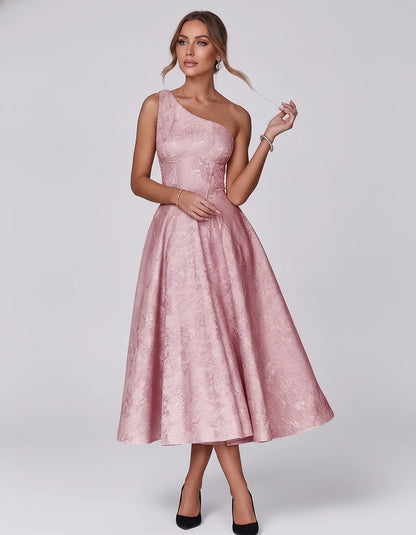 Jacquard Sleeveless One Shoulder A-Line Midi Dress for Party, Cocktail, Evening, Wedding Guest, Summer Formal Events and Cele | SKU: VD-847392615028471-BLUSH-L,VD-847392615028471-BLUSH-M,VD-847392615028471-BLUSH-S,VD-847392615028471-BLUSH-XL,VD-847392615028471-BLUSH-XS