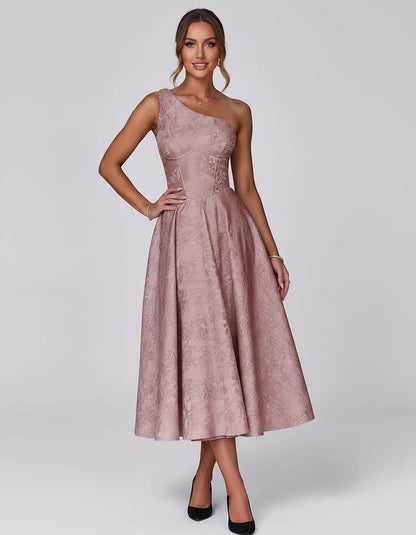 Jacquard Sleeveless One Shoulder A-Line Midi Dress for Party, Cocktail, Evening, Wedding Guest, Summer Formal Events and Cele | SKU: VD-847392615028471-DUSTYROSE-L,VD-847392615028471-DUSTYROSE-M,VD-847392615028471-DUSTYROSE-S,VD-847392615028471-DUSTYROSE-XL,VD-847392615028471-DUSTYROSE-XS