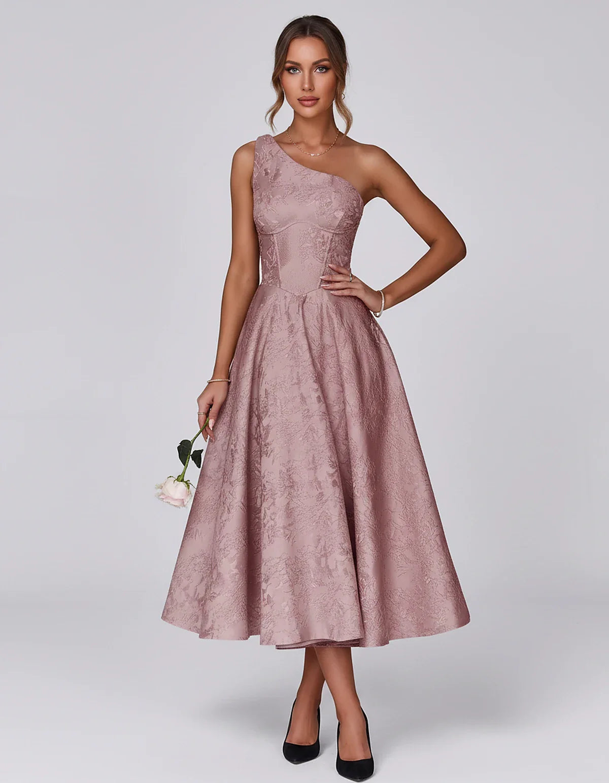 Jacquard Sleeveless One Shoulder A-Line Midi Dress for Party, Cocktail, Evening, Wedding Guest, Summer Formal Events and Cele | SKU: VD-847392615028471-DUSTYROSE-L,VD-847392615028471-DUSTYROSE-M,VD-847392615028471-DUSTYROSE-S,VD-847392615028471-DUSTYROSE-XL,VD-847392615028471-DUSTYROSE-XS