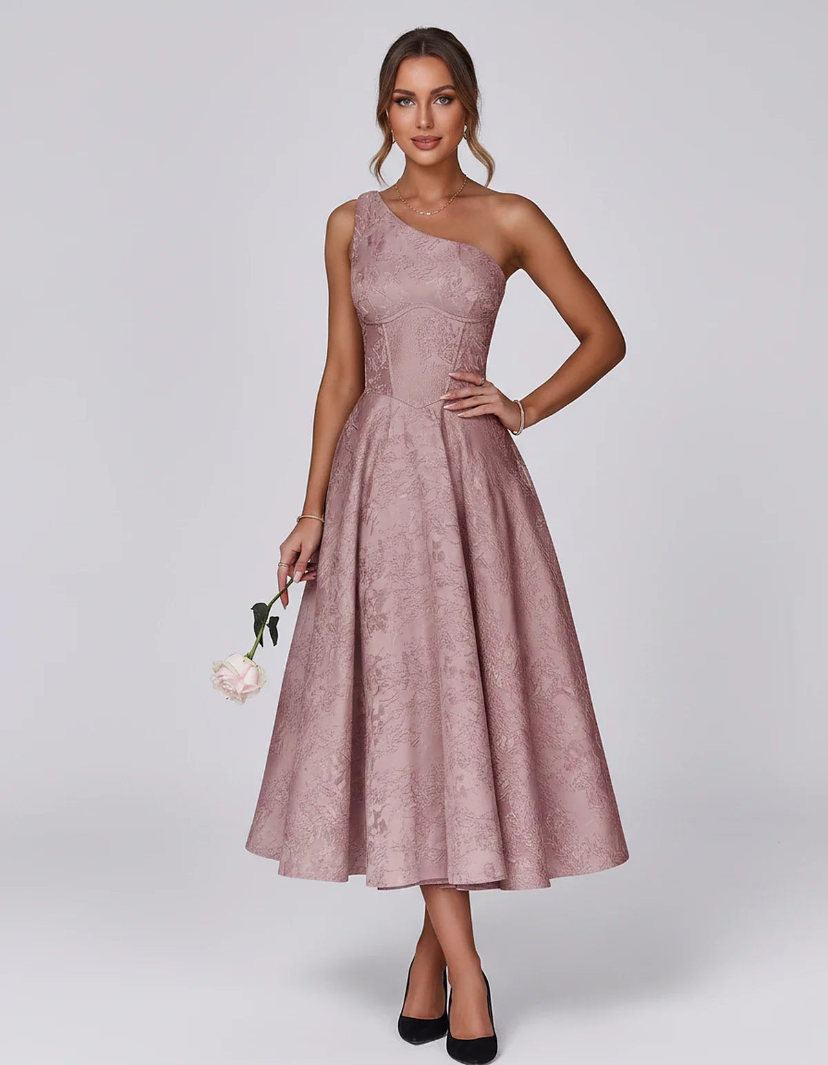 Jacquard Sleeveless One Shoulder A-Line Midi Dress for Party, Cocktail, Evening, Wedding Guest, Summer Formal Events and Cele | SKU: VD-847392615028471-DUSTYROSE-L,VD-847392615028471-DUSTYROSE-M,VD-847392615028471-DUSTYROSE-S,VD-847392615028471-DUSTYROSE-XL,VD-847392615028471-DUSTYROSE-XS