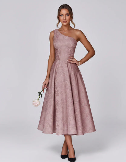 Jacquard Sleeveless One Shoulder A-Line Midi Dress for Party, Cocktail, Evening, Wedding Guest, Summer Formal Events and Cele | SKU: VD-847392615028471-DUSTYROSE-L,VD-847392615028471-DUSTYROSE-M,VD-847392615028471-DUSTYROSE-S,VD-847392615028471-DUSTYROSE-XL,VD-847392615028471-DUSTYROSE-XS