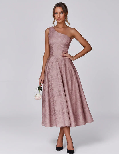 Jacquard Sleeveless One Shoulder A-Line Midi Dress for Party, Cocktail, Evening, Wedding Guest, Summer Formal Events and Cele | SKU: VD-847392615028471-DUSTYROSE-L,VD-847392615028471-DUSTYROSE-M,VD-847392615028471-DUSTYROSE-S,VD-847392615028471-DUSTYROSE-XL,VD-847392615028471-DUSTYROSE-XS