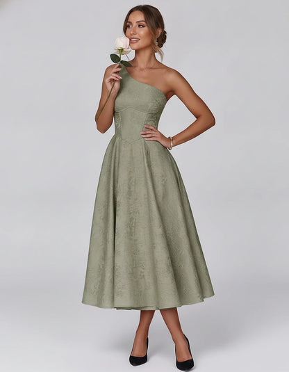 Jacquard Sleeveless One Shoulder A-Line Midi Dress for Party, Cocktail, Evening, Wedding Guest, Summer Formal Events and Cele | SKU: VD-847392615028471-SAGE-L,VD-847392615028471-SAGE-M,VD-847392615028471-SAGE-S,VD-847392615028471-SAGE-XL,VD-847392615028471-SAGE-XS