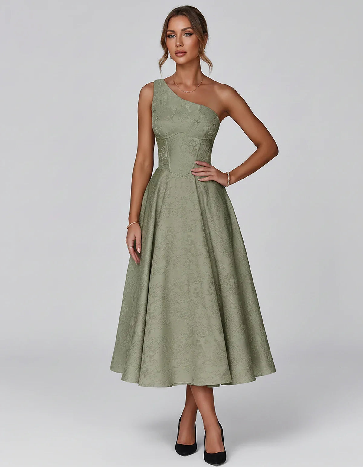 Jacquard Sleeveless One Shoulder A-Line Midi Dress for Party, Cocktail, Evening, Wedding Guest, Summer Formal Events and Cele | SKU: VD-847392615028471-SAGE-L,VD-847392615028471-SAGE-M,VD-847392615028471-SAGE-S,VD-847392615028471-SAGE-XL,VD-847392615028471-SAGE-XS
