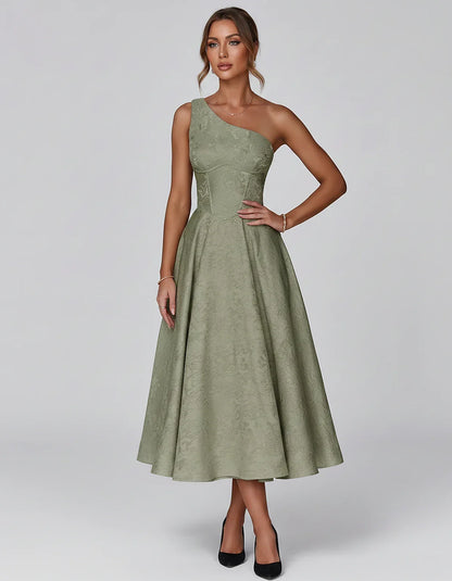 Jacquard Sleeveless One Shoulder A-Line Midi Dress for Party, Cocktail, Evening, Wedding Guest, Summer Formal Events and Cele | SKU: VD-847392615028471-SAGE-L,VD-847392615028471-SAGE-M,VD-847392615028471-SAGE-S,VD-847392615028471-SAGE-XL,VD-847392615028471-SAGE-XS