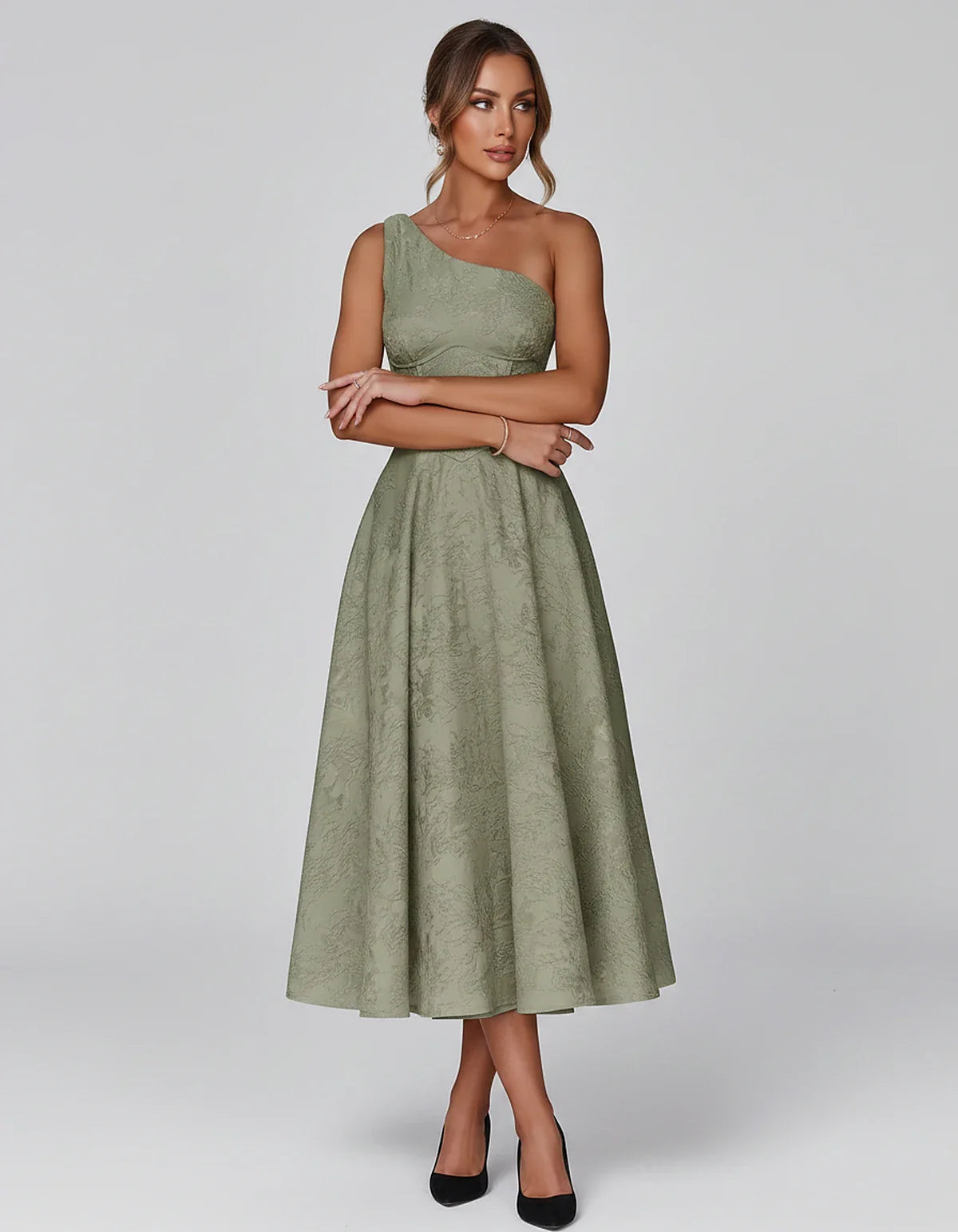 Jacquard Sleeveless One Shoulder A-Line Midi Dress for Party, Cocktail, Evening, Wedding Guest, Summer Formal Events and Cele | SKU: VD-847392615028471-SAGE-L,VD-847392615028471-SAGE-M,VD-847392615028471-SAGE-S,VD-847392615028471-SAGE-XL,VD-847392615028471-SAGE-XS