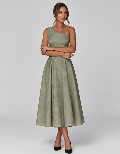 Jacquard Sleeveless One Shoulder A-Line Midi Dress for Party, Cocktail, Evening, Wedding Guest, Summer Formal Events and Cele | SKU: VD-847392615028471-SAGE-L,VD-847392615028471-SAGE-M,VD-847392615028471-SAGE-S,VD-847392615028471-SAGE-XL,VD-847392615028471-SAGE-XS