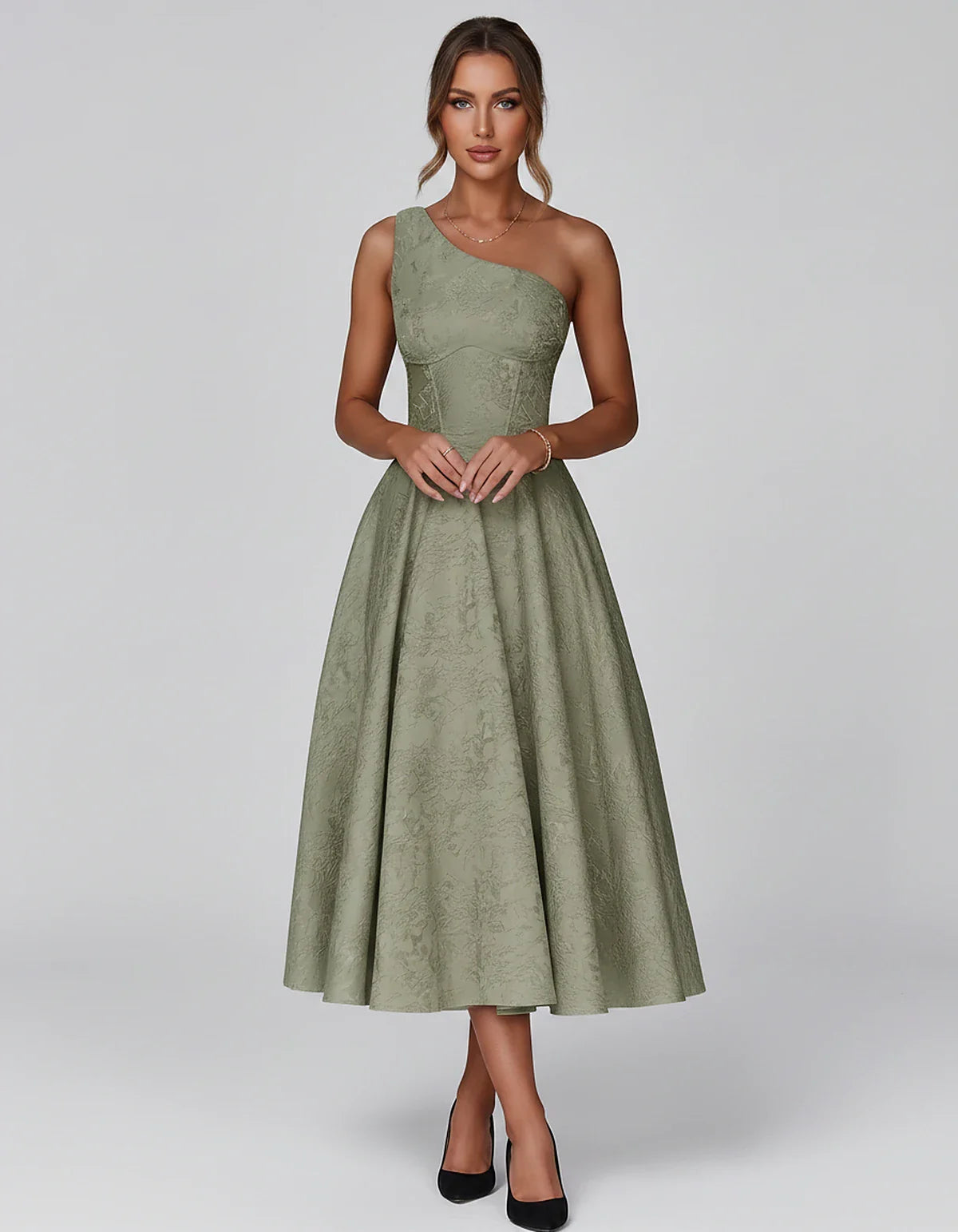 Jacquard Sleeveless One Shoulder A-Line Midi Dress for Party, Cocktail, Evening, Wedding Guest, Summer Formal Events and Cele | SKU: VD-847392615028471-SAGE-L,VD-847392615028471-SAGE-M,VD-847392615028471-SAGE-S,VD-847392615028471-SAGE-XL,VD-847392615028471-SAGE-XS