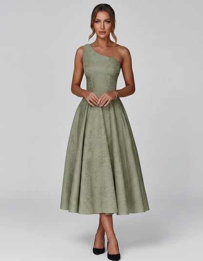 Jacquard Sleeveless One Shoulder A-Line Midi Dress for Party, Cocktail, Evening, Wedding Guest, Summer Formal Events and Cele | SKU: VD-847392615028471-SAGE-L,VD-847392615028471-SAGE-M,VD-847392615028471-SAGE-S,VD-847392615028471-SAGE-XL,VD-847392615028471-SAGE-XS