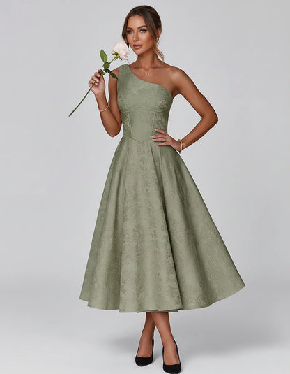 Jacquard Sleeveless One Shoulder A-Line Midi Dress for Party, Cocktail, Evening, Wedding Guest, Summer Formal Events and Cele | SKU: VD-847392615028471-SAGE-L,VD-847392615028471-SAGE-M,VD-847392615028471-SAGE-S,VD-847392615028471-SAGE-XL,VD-847392615028471-SAGE-XS