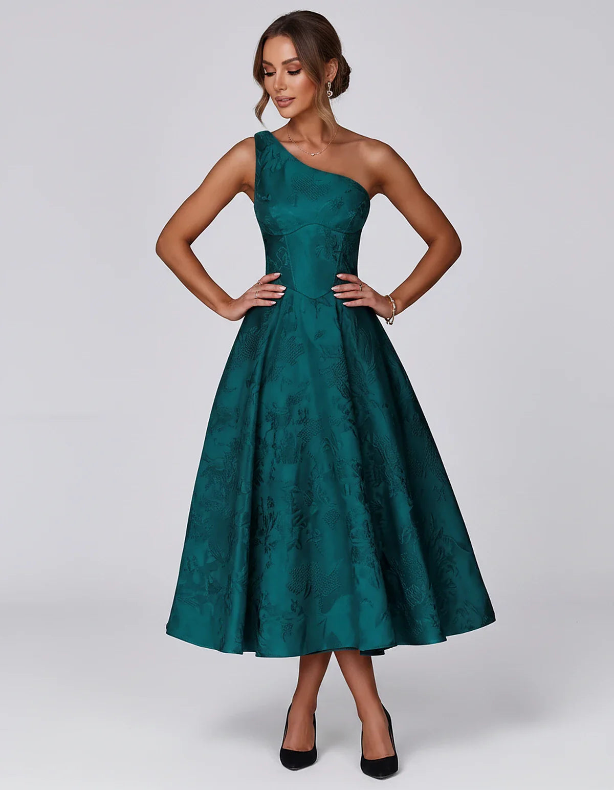Jacquard Sleeveless One Shoulder A-Line Midi Dress for Party, Cocktail, Evening, Wedding Guest, Summer Formal Events and Cele | SKU: VD-847392615028471-PEACOCK-L,VD-847392615028471-PEACOCK-M,VD-847392615028471-PEACOCK-S,VD-847392615028471-PEACOCK-XL,VD-847392615028471-PEACOCK-XS