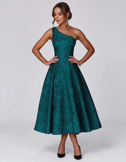 Jacquard Sleeveless One Shoulder A-Line Midi Dress for Party, Cocktail, Evening, Wedding Guest, Summer Formal Events and Cele | SKU: VD-847392615028471-PEACOCK-L,VD-847392615028471-PEACOCK-M,VD-847392615028471-PEACOCK-S,VD-847392615028471-PEACOCK-XL,VD-847392615028471-PEACOCK-XS