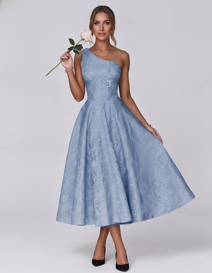 Jacquard Sleeveless One Shoulder A-Line Midi Dress for Party, Cocktail, Evening, Wedding Guest, Summer Formal Events and Cele | SKU: VD-847392615028471-BLUE-L,VD-847392615028471-BLUE-M,VD-847392615028471-BLUE-S,VD-847392615028471-BLUE-XL,VD-847392615028471-BLUE-XS