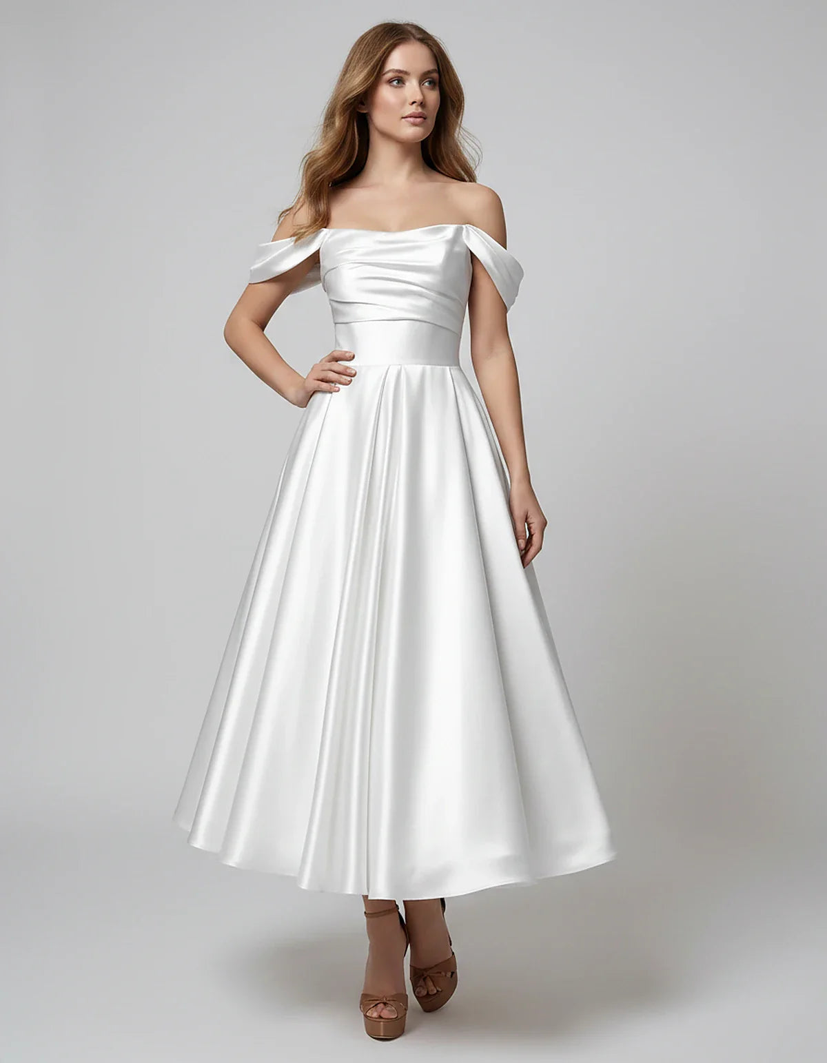 Satin Off Shoulder A-Line Midi Dress with Short Sleeves for Party, Cocktail, Evening, Wedding Guest, Summer Events and Formal | SKU: VM-582947163829405-WHITE-L,VM-582947163829405-WHITE-M,VM-582947163829405-WHITE-S,VM-582947163829405-WHITE-XL,VM-582947163829405-WHITE-XS