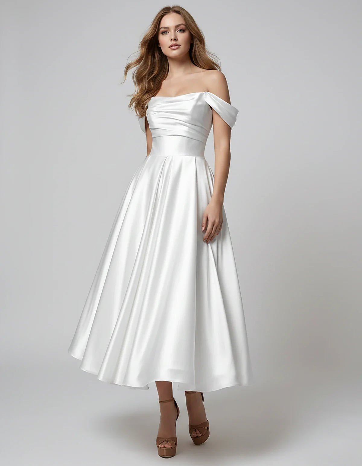 Satin Off Shoulder A-Line Midi Dress with Short Sleeves for Party, Cocktail, Evening, Wedding Guest, Summer Events and Formal | SKU: VM-582947163829405-WHITE-L,VM-582947163829405-WHITE-M,VM-582947163829405-WHITE-S,VM-582947163829405-WHITE-XL,VM-582947163829405-WHITE-XS