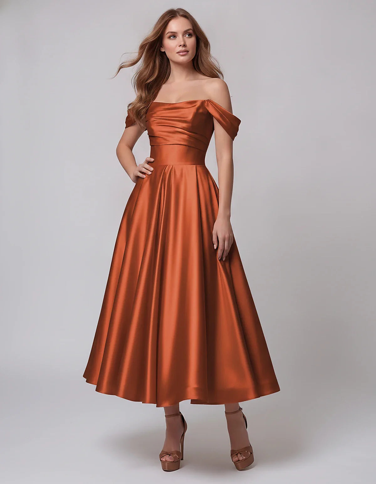 Satin Off Shoulder A-Line Midi Dress with Short Sleeves for Party, Cocktail, Evening, Wedding Guest, Summer Events and Formal | SKU: VM-582947163829405-BURNTORANGE-L,VM-582947163829405-BURNTORANGE-M,VM-582947163829405-BURNTORANGE-S,VM-582947163829405-BURNTORANGE-XL,VM-582947163829405-BURNTORANGE-XS