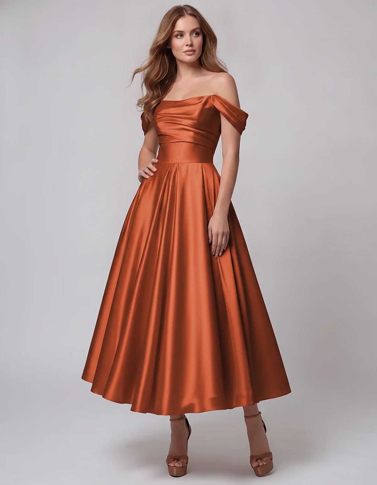 Satin Off Shoulder A-Line Midi Dress with Short Sleeves for Party, Cocktail, Evening, Wedding Guest, Summer Events and Formal | SKU: VM-582947163829405-BURNTORANGE-L,VM-582947163829405-BURNTORANGE-M,VM-582947163829405-BURNTORANGE-S,VM-582947163829405-BURNTORANGE-XL,VM-582947163829405-BURNTORANGE-XS