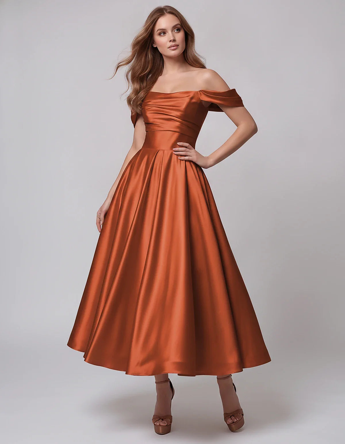 Satin Off Shoulder A-Line Midi Dress with Short Sleeves for Party, Cocktail, Evening, Wedding Guest, Summer Events and Formal | SKU: VM-582947163829405-BURNTORANGE-L,VM-582947163829405-BURNTORANGE-M,VM-582947163829405-BURNTORANGE-S,VM-582947163829405-BURNTORANGE-XL,VM-582947163829405-BURNTORANGE-XS