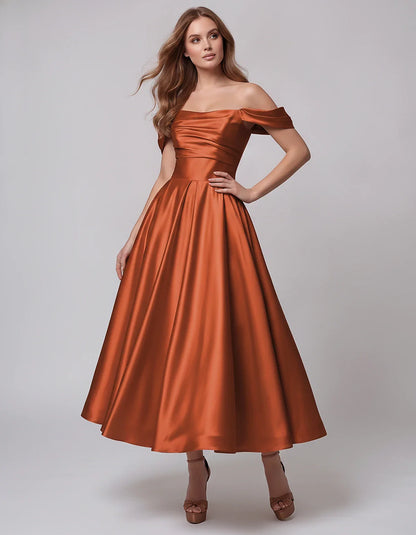 Satin Off Shoulder A-Line Midi Dress with Short Sleeves for Party, Cocktail, Evening, Wedding Guest, Summer Events and Formal | SKU: VM-582947163829405-BURNTORANGE-L,VM-582947163829405-BURNTORANGE-M,VM-582947163829405-BURNTORANGE-S,VM-582947163829405-BURNTORANGE-XL,VM-582947163829405-BURNTORANGE-XS
