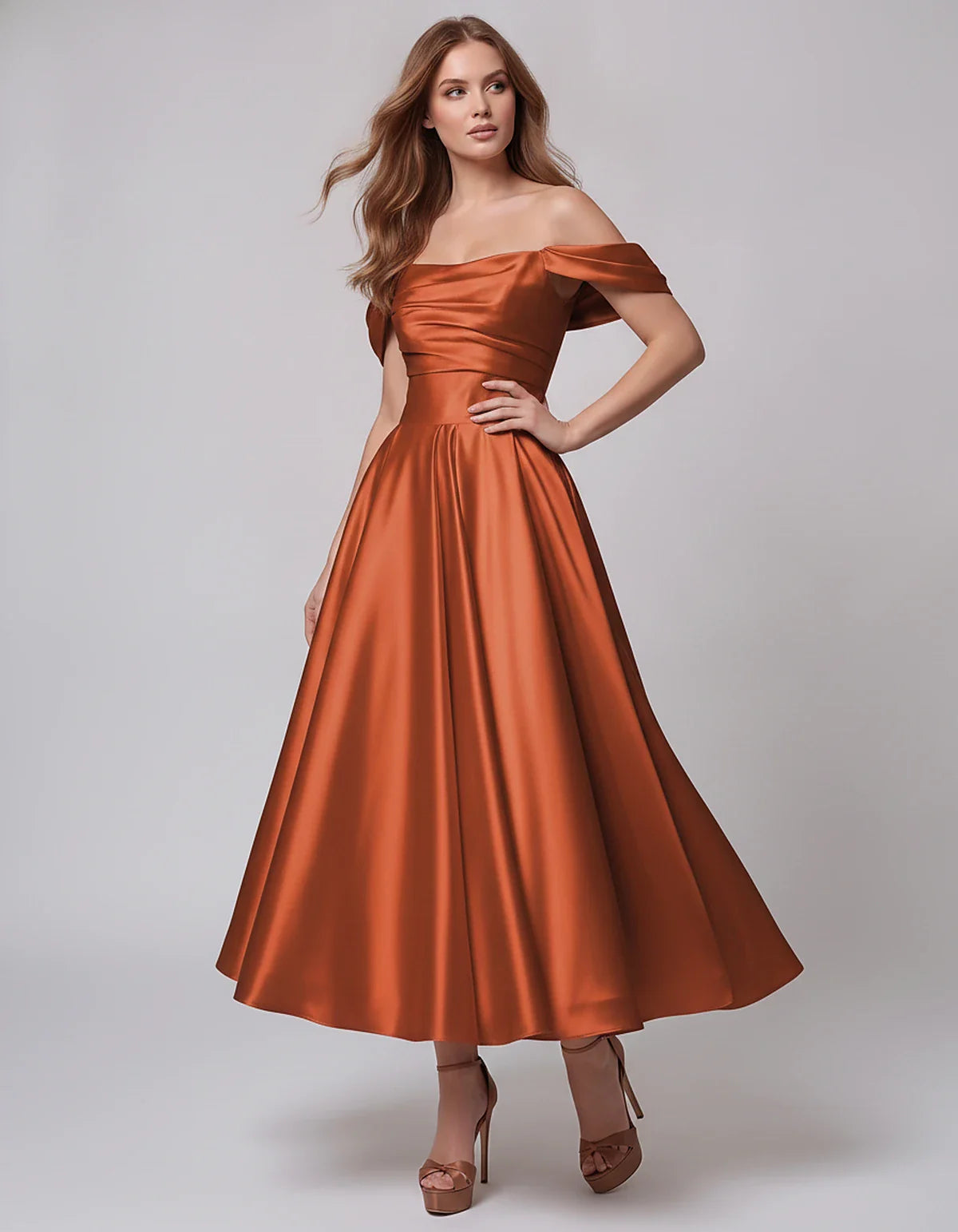 Satin Off Shoulder A-Line Midi Dress with Short Sleeves for Party, Cocktail, Evening, Wedding Guest, Summer Events and Formal | SKU: VM-582947163829405-BURNTORANGE-L,VM-582947163829405-BURNTORANGE-M,VM-582947163829405-BURNTORANGE-S,VM-582947163829405-BURNTORANGE-XL,VM-582947163829405-BURNTORANGE-XS