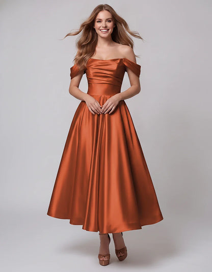 Satin Off Shoulder A-Line Midi Dress with Short Sleeves for Party, Cocktail, Evening, Wedding Guest, Summer Events and Formal | SKU: VM-582947163829405-BURNTORANGE-L,VM-582947163829405-BURNTORANGE-M,VM-582947163829405-BURNTORANGE-S,VM-582947163829405-BURNTORANGE-XL,VM-582947163829405-BURNTORANGE-XS