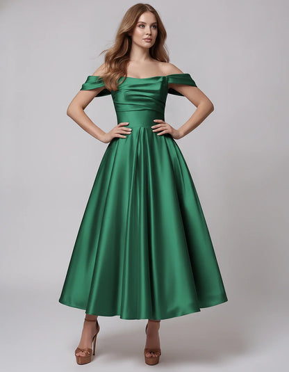 Satin Off Shoulder A-Line Midi Dress with Short Sleeves for Party, Cocktail, Evening, Wedding Guest, Summer Events and Formal | SKU: VM-582947163829405-GREEN-L,VM-582947163829405-GREEN-M,VM-582947163829405-GREEN-S,VM-582947163829405-GREEN-XL,VM-582947163829405-GREEN-XS