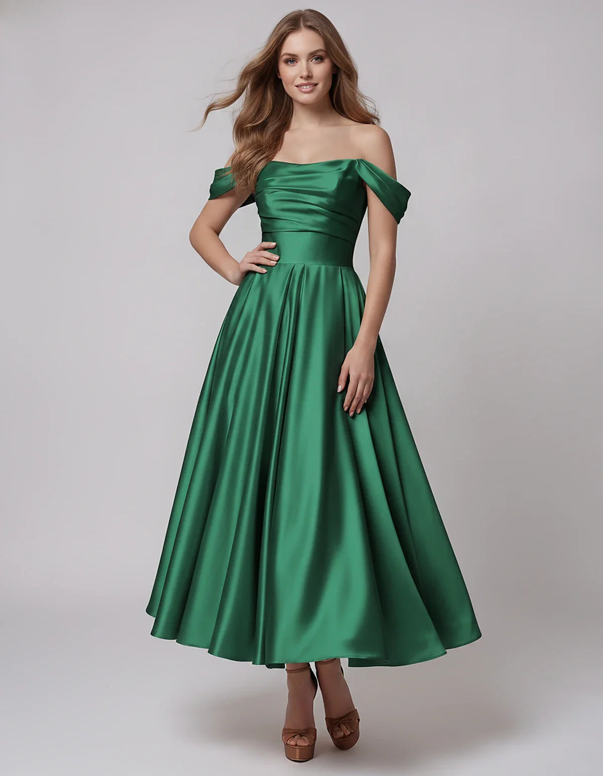 Satin Off Shoulder A-Line Midi Dress with Short Sleeves for Party, Cocktail, Evening, Wedding Guest, Summer Events and Formal | SKU: VM-582947163829405-GREEN-L,VM-582947163829405-GREEN-M,VM-582947163829405-GREEN-S,VM-582947163829405-GREEN-XL,VM-582947163829405-GREEN-XS
