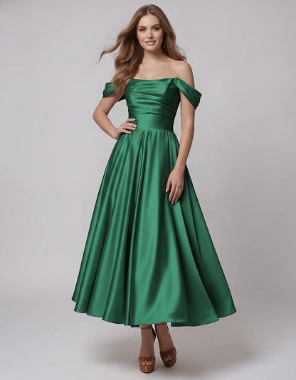 Satin Off Shoulder A-Line Midi Dress with Short Sleeves for Party, Cocktail, Evening, Wedding Guest, Summer Events and Formal | SKU: VM-582947163829405-GREEN-L,VM-582947163829405-GREEN-M,VM-582947163829405-GREEN-S,VM-582947163829405-GREEN-XL,VM-582947163829405-GREEN-XS