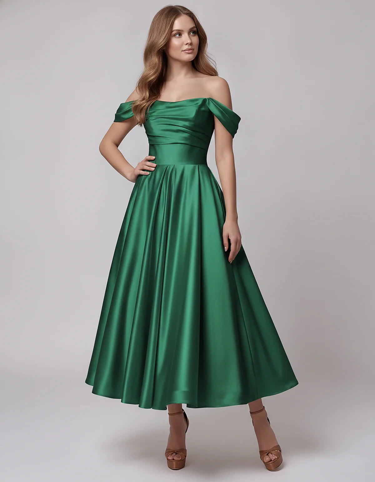 Satin Off Shoulder A-Line Midi Dress with Short Sleeves for Party, Cocktail, Evening, Wedding Guest, Summer Events and Formal | SKU: VM-582947163829405-GREEN-L,VM-582947163829405-GREEN-M,VM-582947163829405-GREEN-S,VM-582947163829405-GREEN-XL,VM-582947163829405-GREEN-XS